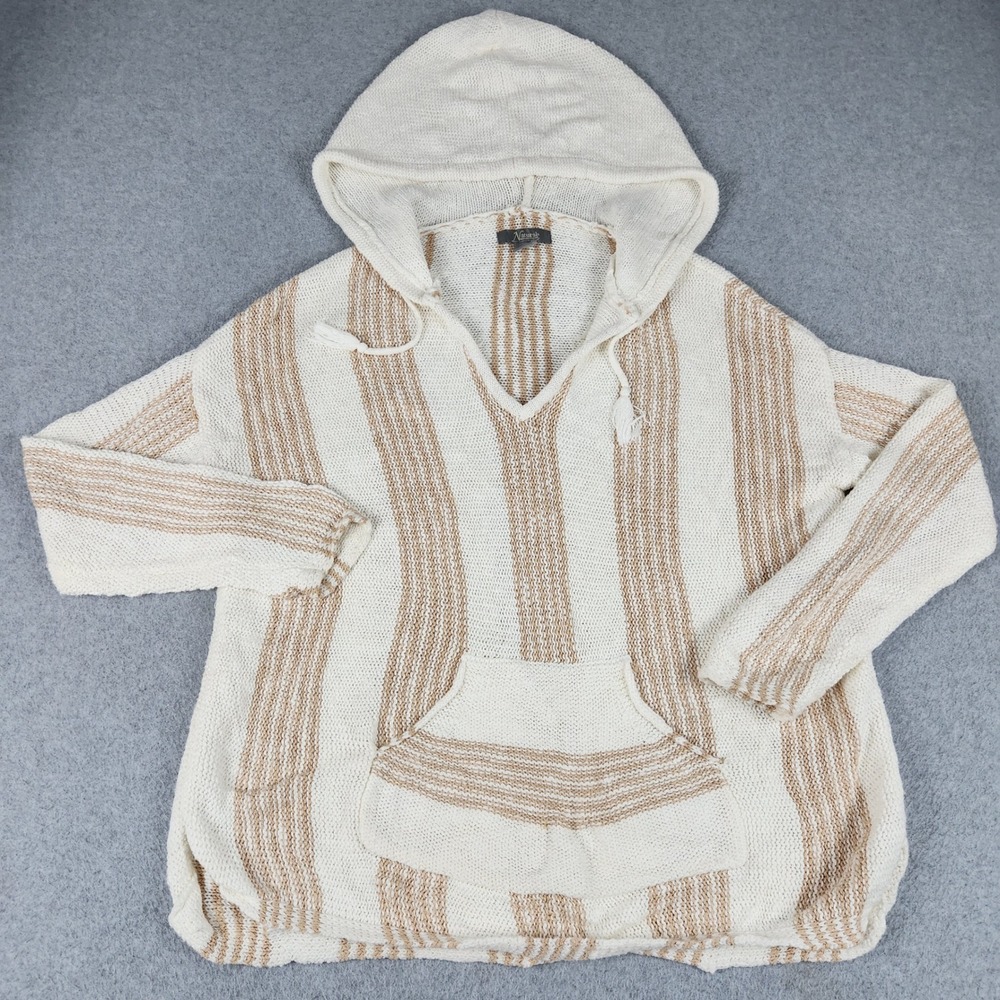 Natural Reflections Baja Hoodie Women M White Beige Striped Cotton Knit Pullover